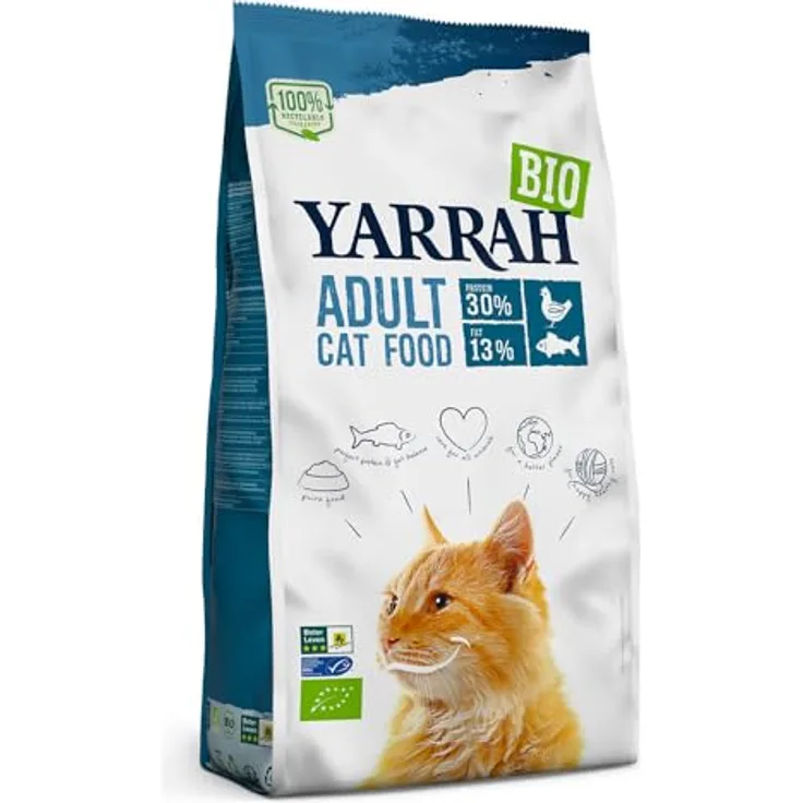 YARRAH Bio Katzenfutter trocken, Premium Trockenfutter mit Bio-Huhn und MSC Fisch, hoher Nährstoffanteil, für Katzen ab 12 Wochen, 2.4kg
