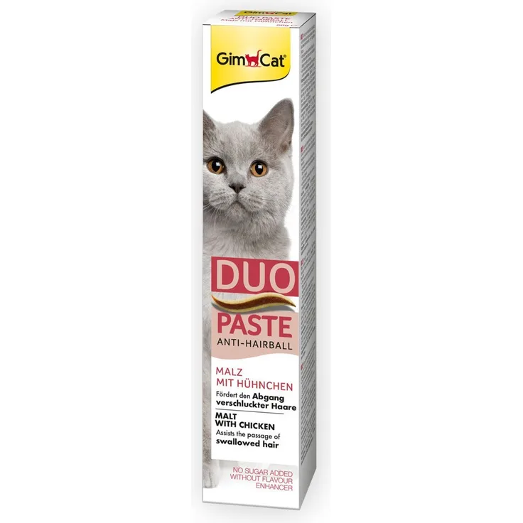 GimCat DUO Paste Anti-Hairball Malz mit Huhn, 50g, fördert den natürlichen Abgang verschluckter Haare