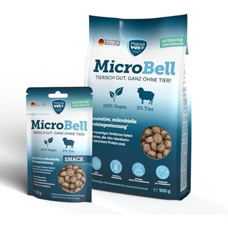 marsavet+ Marsavet Veganes Hundefutter-Set MicroBell, Trockenfutter (900 g) und Hundesnacks (100 g), mikrobielles Protein, gluten- und getreidefrei, hypoallergen, nachhaltig