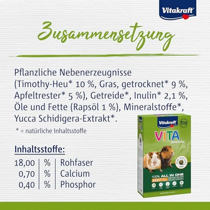 Vitakraft Vita Special Adult, Hauptfutter für Meerschweinchen mit Kräutern und Gräsern, geringer Calciumgehalt, ohne Zucker und Getreide, 600g – Bild 4