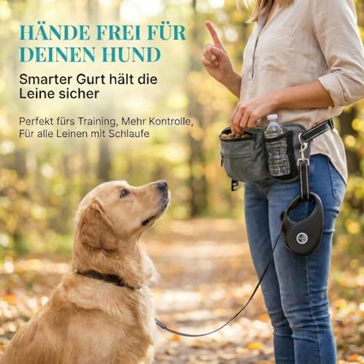 HUND IST KÖNIG Leckerlitasche für Hunde, robuste Bauchtasche mit Kotbeutelspender, Handyfach & Gurt für Flexileine, schwarz – Bild 3