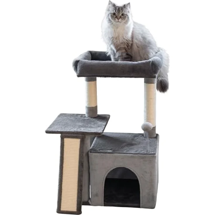 Kerbl Pet Kratzbaum Rosalie, grau, 76 cm, mit Kuschelbett und Spielbällen aus Plüsch, stabiler Holz-Katzenkratzbaum für Katzen und Kitten – Bild 2