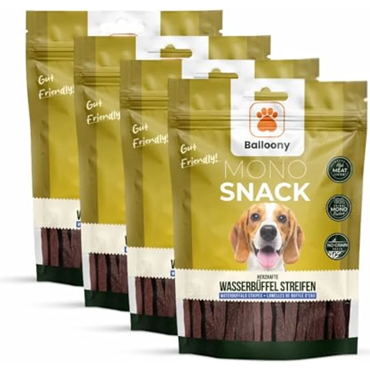 Balloony.pet Monosnack Wasserbüffel Streifen, Proteinreiche Hundeleckerli für alle Größen und Rassen, 4x150g