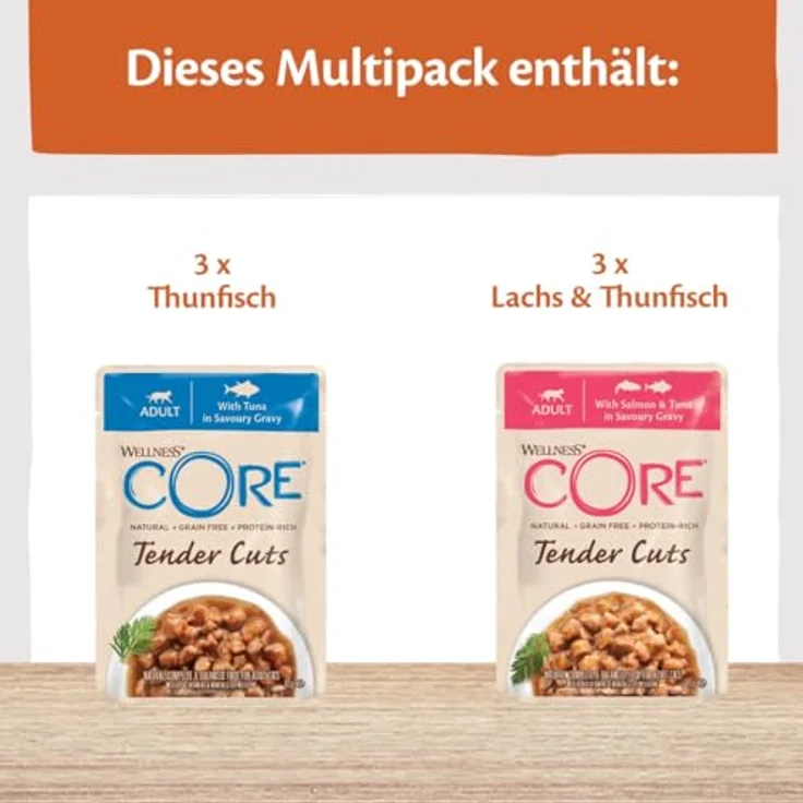 Wellness CORE Tender Cuts Thunfisch Selection Mix, Premium Nassfutter für Katzen, 6 x 85 g, getreidefrei, ohne Zuckerzusatz, hoher Fleischanteil in Sauce – Bild 2