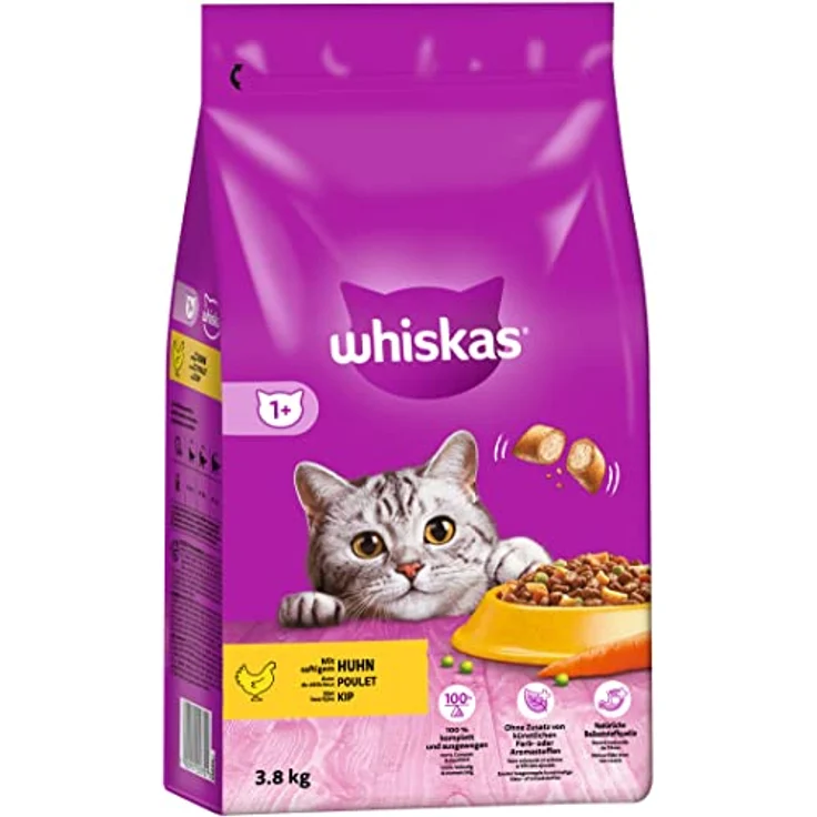 WHISKAS Katzen Trockenfutter Adult 1+ mit Huhn, 3,8kg Beutel, unterstützt Harnwegsgesundheit, mit Vitamin A und Zink – Bild 1