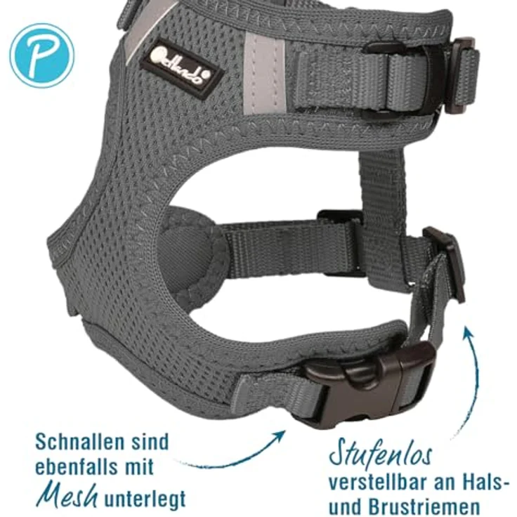 Petlando Hundegeschirr Mesh Vest S, leichtes und stufenlos verstellbares Brustgeschirr aus atmungsaktivem Mesh & Nylon, reflektierend, Anthrazit für kleine Hunde und Welpen – Bild 2