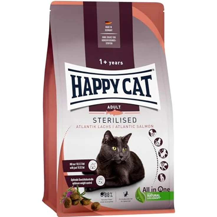 Happy Cat Supreme Trockenfutter für Katzen, Adult, Sterilised mit Atlantik-Lachs, 4 kg, 10,5% Fett, unterstützt Gewichtsmanagement und Haarballenkontrolle – Bild 1