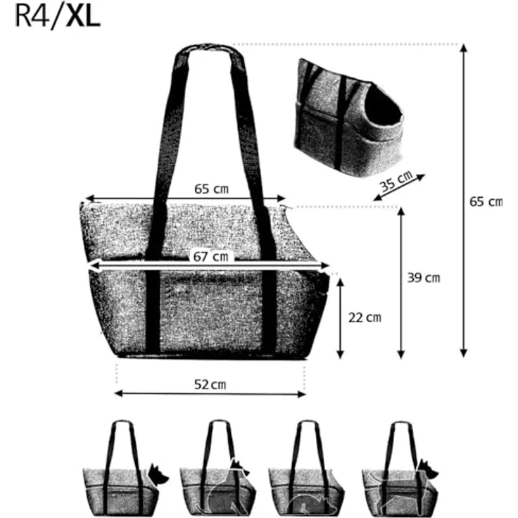 BOUTIQUE ZOO Hundetragetasche XL, Transporttasche für Hunde & Katzen bis 15 kg, weich, faltbar & waschbar, 52×35×39 cm, Schwarz/Minky – Bild 2