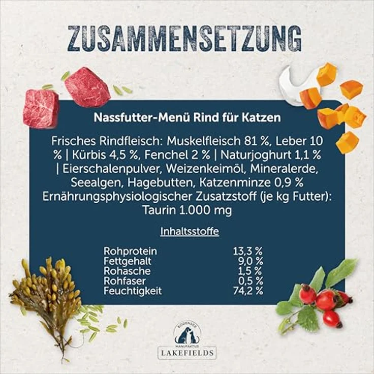 Lakefields Premium Nassfutter für Katzen, Rind 91%, getreidefrei, 6 x 200g, mit Katzenminze, Kürbis & Fenchel, natürliche Zutaten – Bild 4
