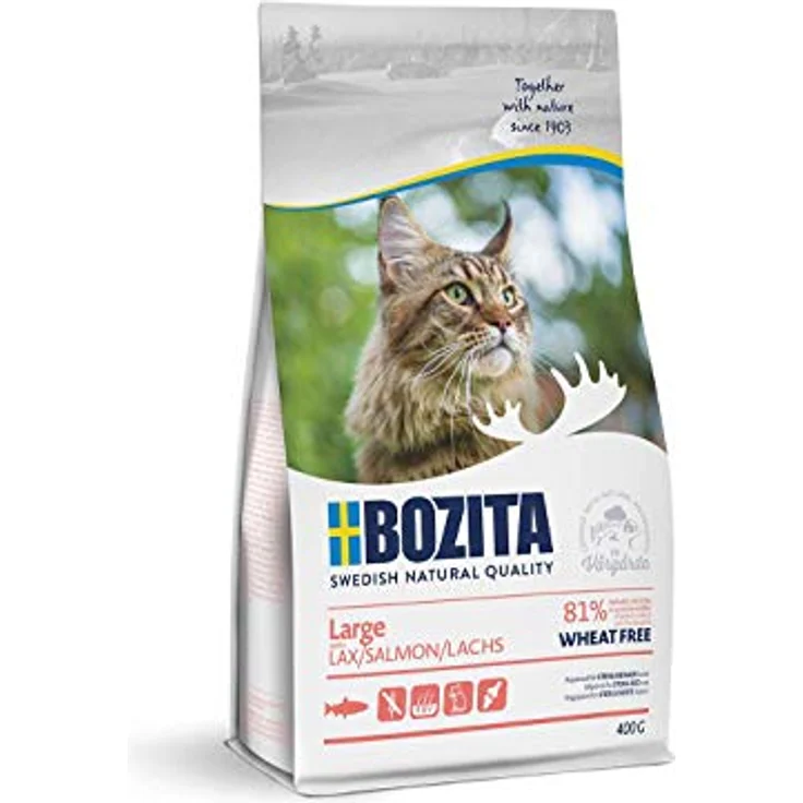 Bozita Large Weizenfrei Lachs, 400g Trockenfutter für große Katzenrassen, mit 31% Protein & 18% Fett, für sensible Katzen, ohne Zucker & Gentechnik – Bild 1