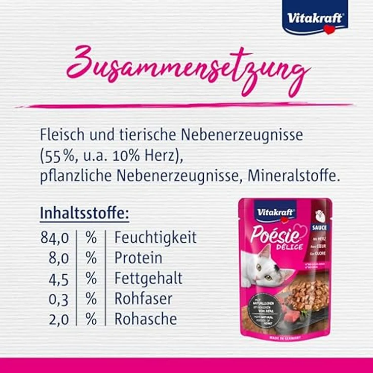Vitakraft Poésie Délice, Nassfutter Katze in Sauce, mit wertvollem Herz, ohne Zucker und Getreide, 85g – Bild 4