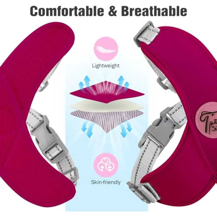 Pawaboo Hundegeschirr Set, Verstellbares Anti-Zug Brustgeschirr mit Leine für Kleine und Mittelgroße Hunde, Atmungsaktive Weste, Größe S, Magenta – Bild 5