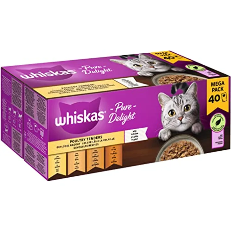 Whiskas 1+ Katzennassfutter Ragout Geflügel Auswahl in Gelee, 40x85g, schadstofffrei, nährstoffreich, Portionsbeutel
