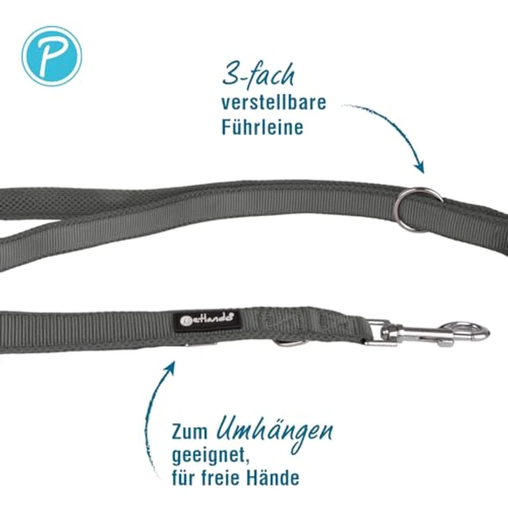 Petlando Hundeleine 2m Mesh, weich gepolstert, atmungsaktiv, 3-fach verstellbar mit Karabiner, für mittelgroße Hunde, Anthrazit 230x2,5cm – Bild 2