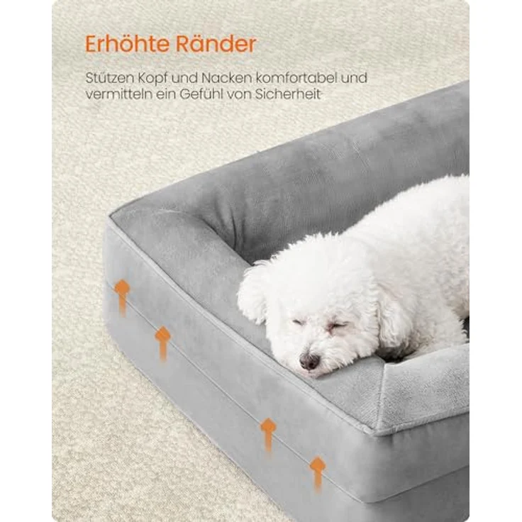 Feandrea Orthopädisches Hundebett M, 76 x 51 x 16 cm, erhöhter Rand, Noppenschaumstoff, abnehmbarer Bezug, waschbar, rutschfest, wasserabweisend, Taubengrau – Bild 4