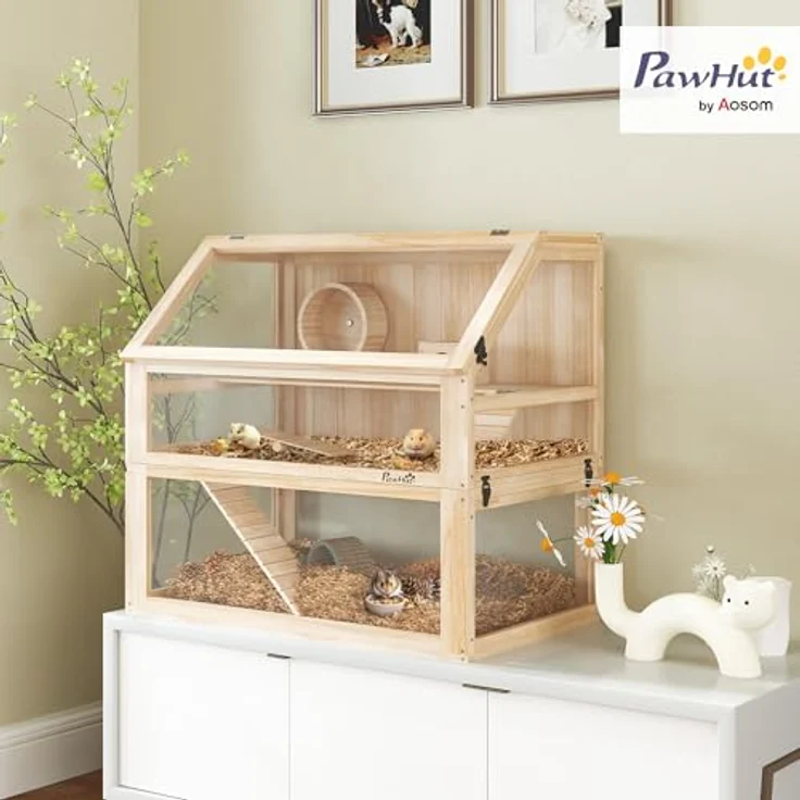 PawHut Hamsterkäfig aus Holz 3 Etagen, 80 x 50 x 76 cm, mit Wippe, Laufrad und tiefem Untergeschoss für Zwerghamster, Naturholz – Bild 2
