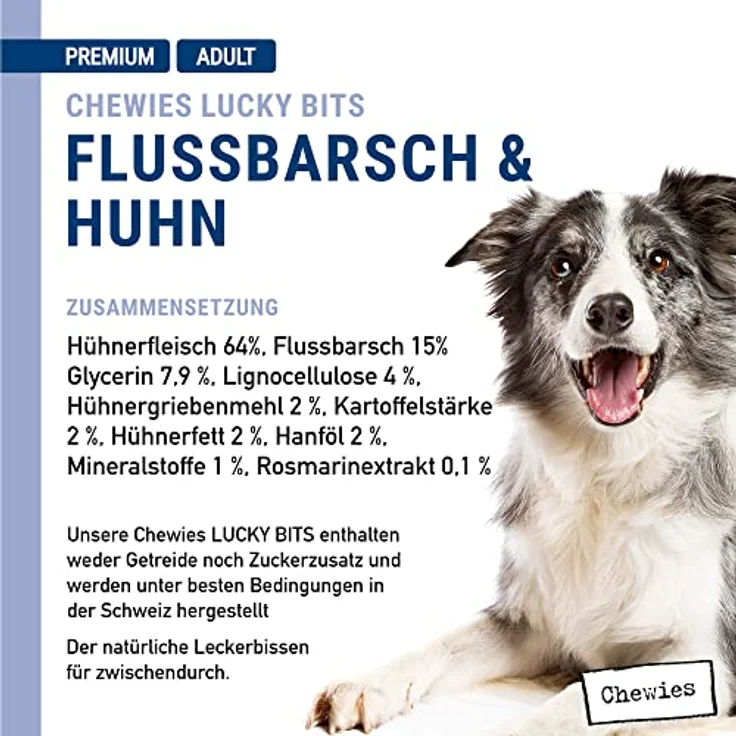 Chewies Lucky Bits Flussbarsch & Huhn, getreidefreie Soft Hundeleckerli mit viel Protein und Superfoods, ohne Zucker, 100 g – Bild 4