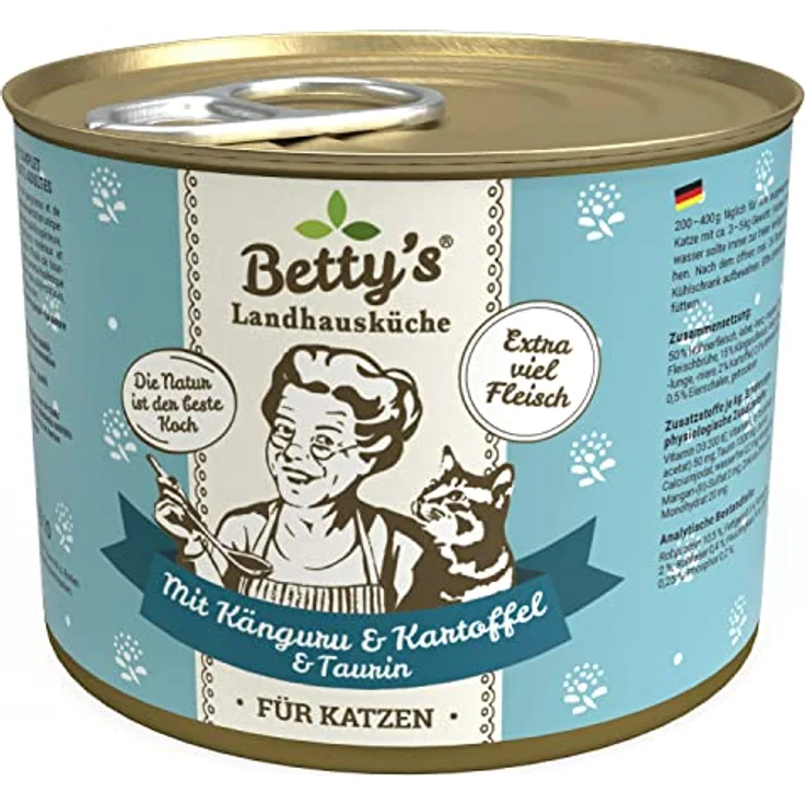 Boswelia Betty's Landhausküche Nassfutter für Katzen, getreidefrei, Känguru mit Kartoffeln und Geflügel, 6 x 200 g, 65% Fleischanteil, schonend gegart, für alle Rassen geeignet – Bild 2