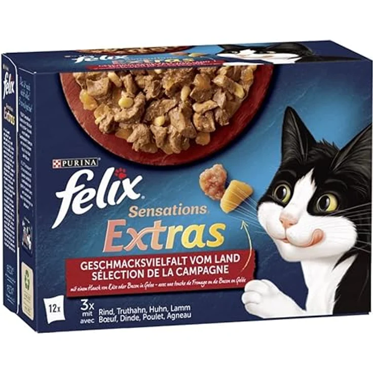Felix Sensations Extras Gelees 12x85g, Katzenfutter in Geschmacksvielfalt vom Land mit Huhn, Rind, Lamm und Truthahn – Bild 3