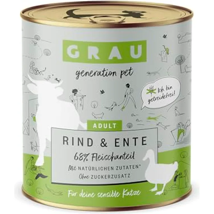 Grau Nassfutter für Katzen - Rindfleisch & Ente, 6er Pack (6 x 800g), getreidefrei, für ausgewachsene Katzen