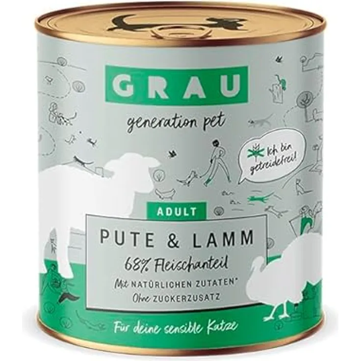 GRAU Nassfutter für Katzen - Pute & Lamm, 6er Pack (6 x 800 g), getreidefrei, leicht verdaulich, für sensible Katzen