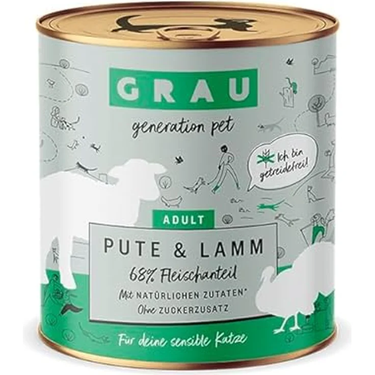 GRAU Nassfutter für Katzen - Pute & Lamm, 6er Pack (6 x 800 g), getreidefrei, leicht verdaulich, für sensible Katzen – Bild 1