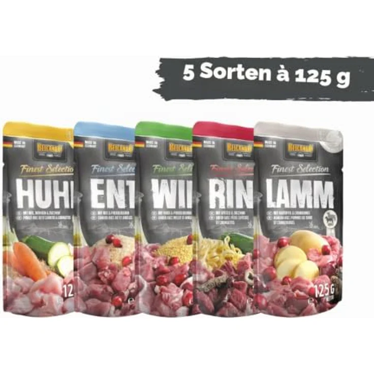 Belcando Finest Selection Hundefutter, Nassfutter-Mix in Frischebeuteln 30x125g, ohne Getreide, mit Huhn, Ente, Lamm, Rind & Wild, hochwertiges Alleinfuttermittel für ernährungssensible Hunde – Bild 2