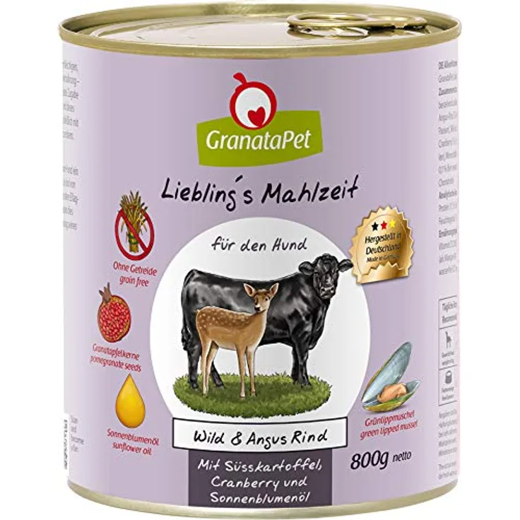 GranataPet Liebling's Mahlzeit Wild und Angus Rind, proteinreiches Nassfutter für erwachsene Hunde, 6x800g