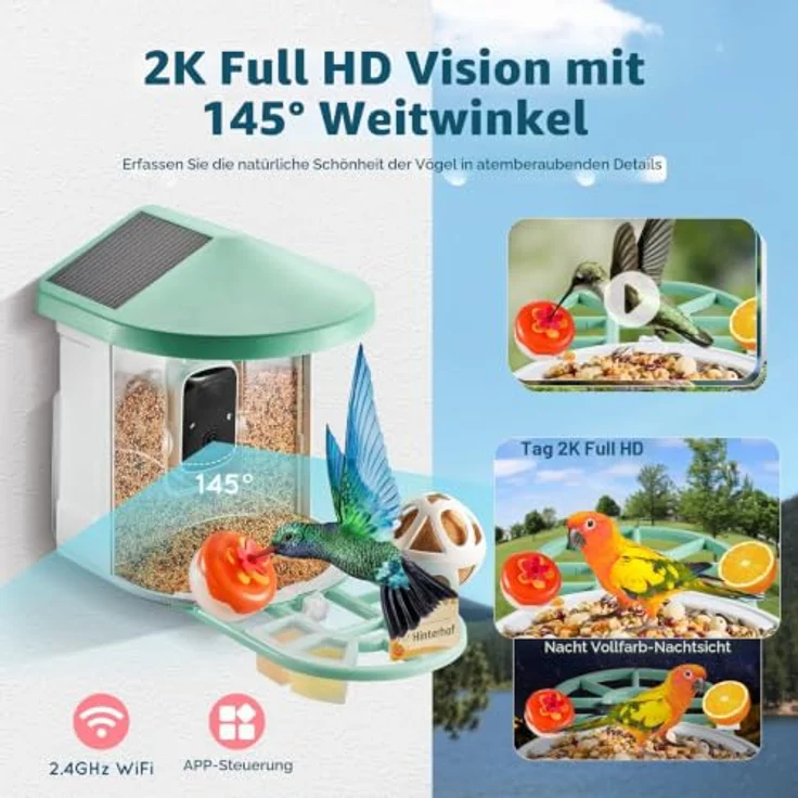 VEVOR Vogelfutterhaus mit Kamera 2K HD, KI Vogelerkennung für über 10.000 Vogelarten, solarbetrieben mit automatischer Aufnahme und Benachrichtigung, Grün – Bild 3
