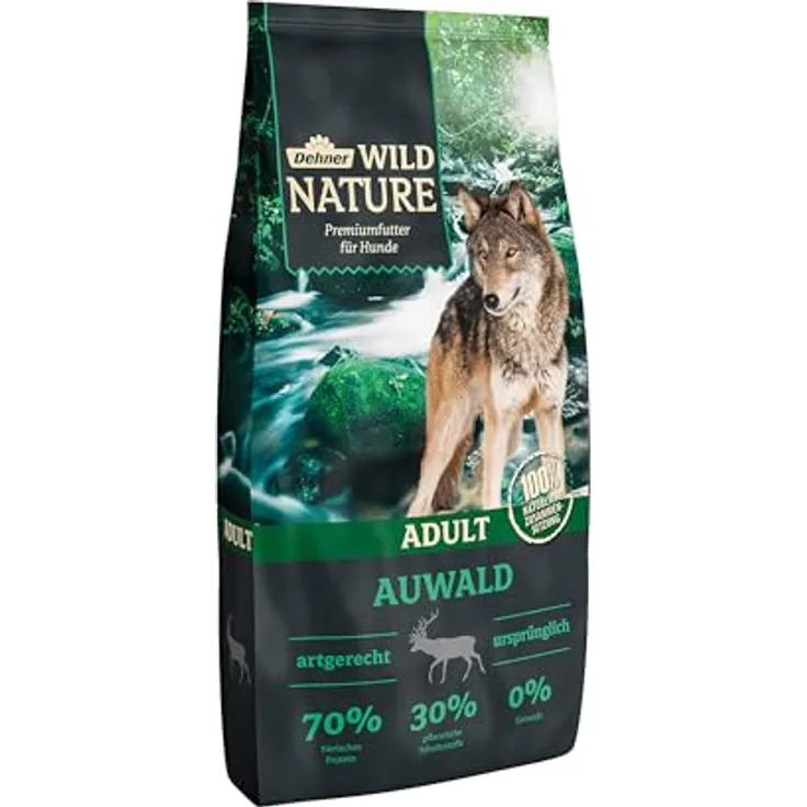 Dehner Wild Nature Hundefutter Auwald, getreidefreies Trockenfutter für ausgewachsene Hunde mit Wildfleisch und Geflügel, 12 kg