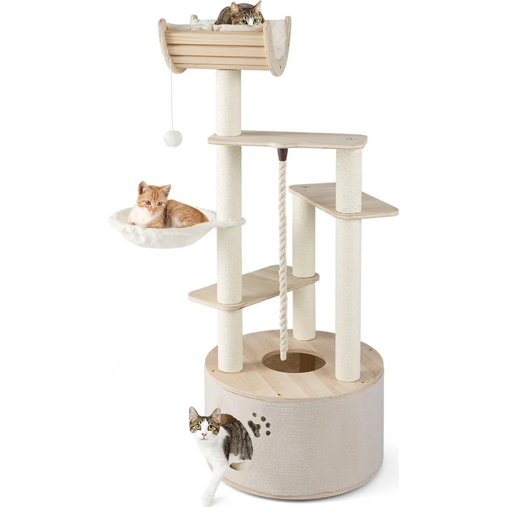 COSTWAY Kratzbaum Holz, 141 cm, Katzenbaum mit großer Katzenhöhle, Hängematte, Sisal-Kratzpfosten und Plattformen, Natur
