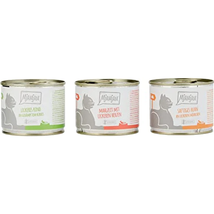 MjAMjAM Premium Nassfutter für Katzen Mixpaket I, getreidefrei, Huhn, Rind, Herzen, 6er Pack (6 x 200 g), hoher Fleischanteil – Bild 1