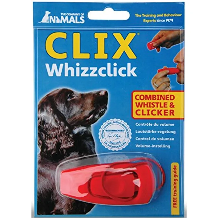 Pfeifen / Clicker CLIX Whizzclick, Hundeklicker mit integrierter Pfeife und handgelenktragbarer Schlaufe, rot, inklusive mehrsprachiger Trainingsanleitung