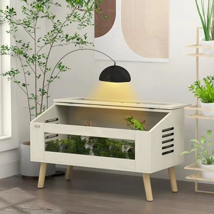 PawHut Terrarium für Reptilien, 100 x 50 x 60 cm, 140L Fütterungsbox mit gehärteten Glasfenstern, aufklappbarem Deckel und optimaler Belüftung, Eiche – Bild 2