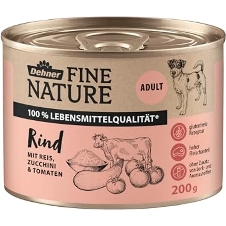 Dehner Fine Nature Hundefutter, Nassfutter in Lebensmittelqualität für ausgewachsene Hunde, Rind mit Reis, Zucchini und Tomaten, 6 x 200 g Dose (1.2 kg) – Bild 2