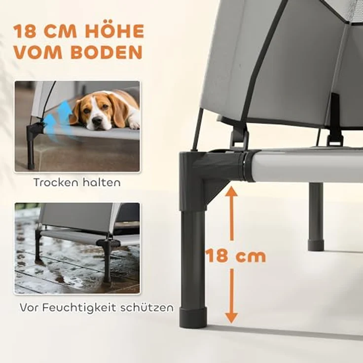PawHut Hundeliege Outdoor mit Dach, erhöhtes Hundebett für mittelgroße Hunde, atmungsaktiv und kühlend, 76x61x70cm, Hellgrau – Bild 4