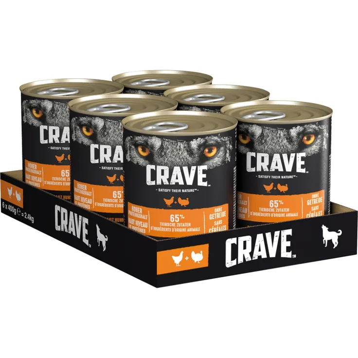 Crave Sparpaket Adult Hundefutter, 24 x 400 g - Huhn und Truthahn, getreidefrei, hoher Proteingehalt, ohne Zucker und Farb- und Konservierungsstoffe