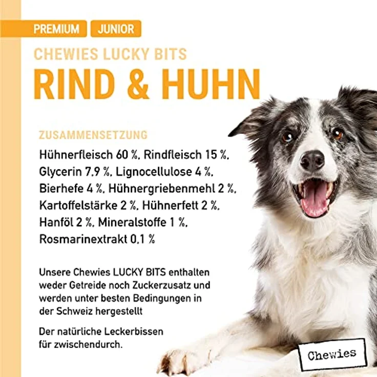 Chewies Lucky Bits Rind & Huhn Junior, getreidefreies Hundeleckerli für Welpen mit viel Protein und Superfoods, Soft & ohne Zucker, 80 g – Bild 4