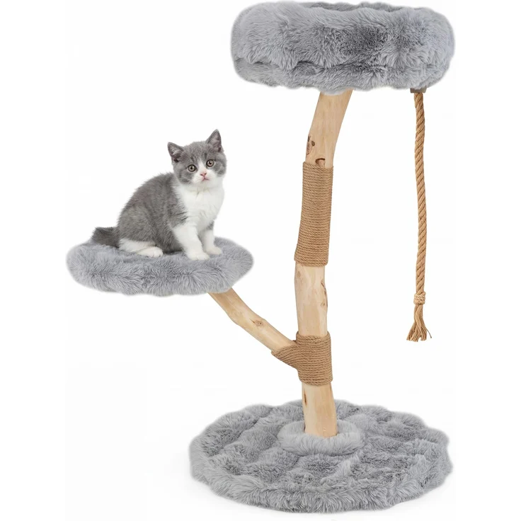 KOMFOTTEU Birnbaum Katzenbaum, Mehrstufiger Katzenturm mit Kratzbäumen, Gemütlichem Sitzplatz, Hängendem Seil und Sprungplattform, Farbe Natur/Grau/Weiß/Grau/Beige