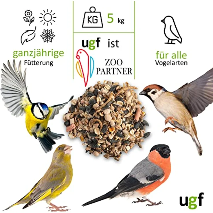 UGF Vogelfutter Wildvögel Ganzjährig 5kg, Premium-Mischung mit Sonnenblumenkerne, Mehlwürmer und 11 weiteren ausgewählten Zutaten – Bild 2
