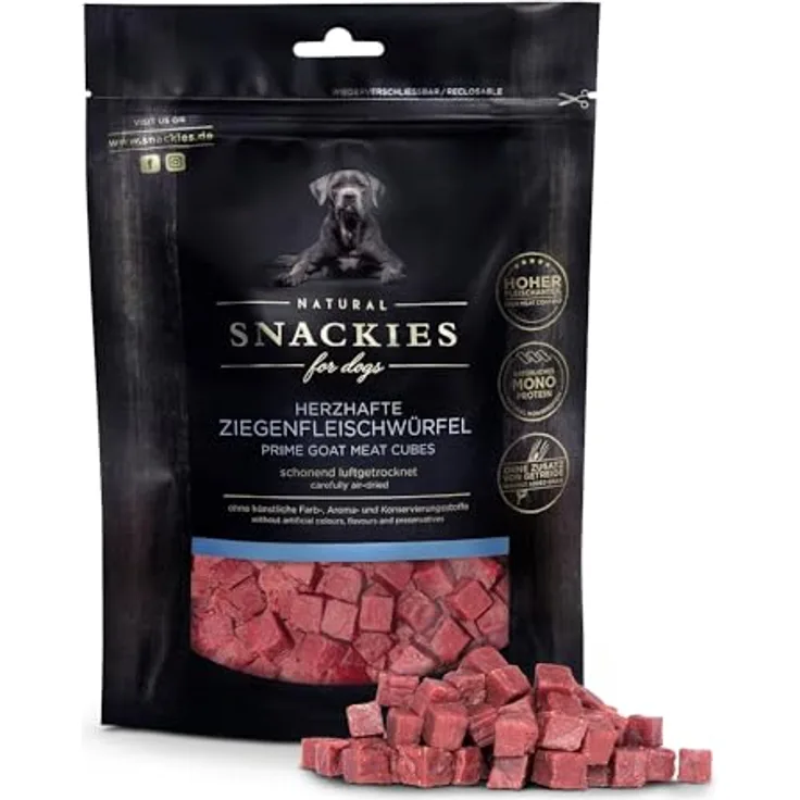 NATURAL SNACKIES Herzhafte Ziegenfleischwürfel 170g, Premium Hundesnacks ohne Getreide, Zucker, Farb-, Aroma- und Konservierungsstoffe, schonend luftgetrocknet