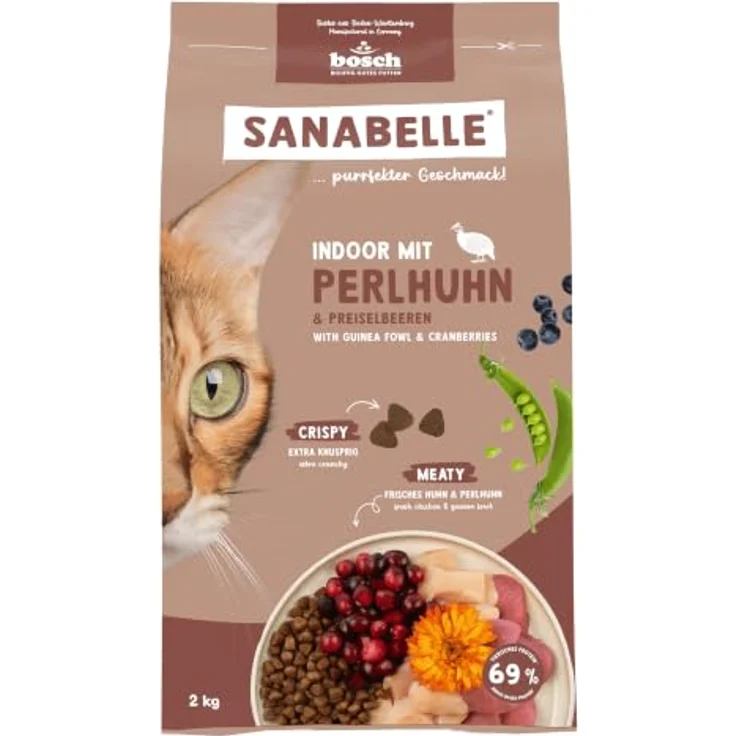 Sanabelle Trockenfutter Katze, Adult, Indoor, mit Perlhuhn, 2 kg - Vollnahrung ohne Zucker, mit extra tierischen Proteinen, unterstützt Fellglanz