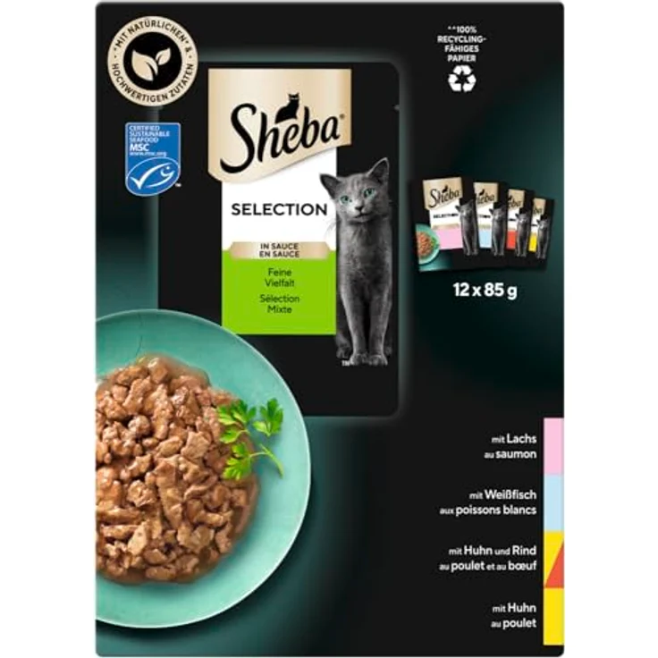 Sheba Selection in Sauce Feine Vielfalt (MSC) 12x85g, Katzenfutter mit Lachs, Weissfisch, Huhn und Rind, ohne künstliche Zusatzstoffe – Bild 3