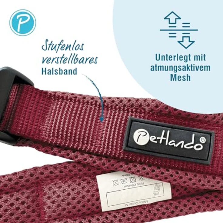Petlando Mesh Hundehalsband M 45-50cm, Bordeaux – leicht, atmungsaktiv, stufenlos verstellbar, robust mit O-Ring – Bild 2