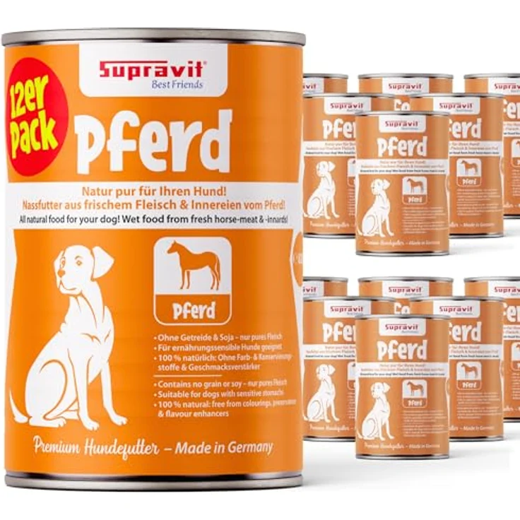Supravit Nassfutter mit Pferd für Hunde, getreidefreies Hundefutter mit hohem Fleischanteil, 12 x 410g Dosen, leicht verdaulich und gut verträglich – Bild 1