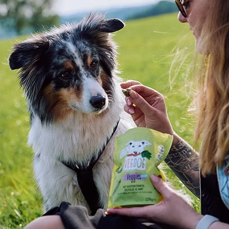 VEGDOG Veggies Skincare, hypoallergener Hundesnack (10 x 125 g) | veganer Trainingssnack für glänzendes Fell und gesunde Haut mit Kastanie und Hanf, getreidefrei und ohne Zuckerzusatz – Bild 4