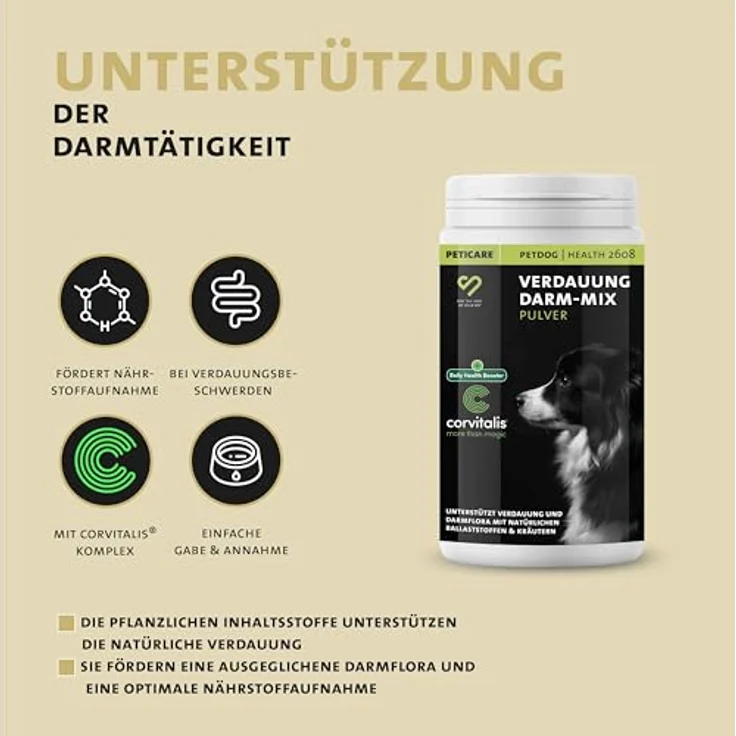 Peticare PetDog Health 2608, Ergänzungsfutter Verdauung & Darm-Mix Pulver für Hunde, 125g mit natürlichen Inhaltsstoffen und CORVITALIS® Komplex – Bild 2