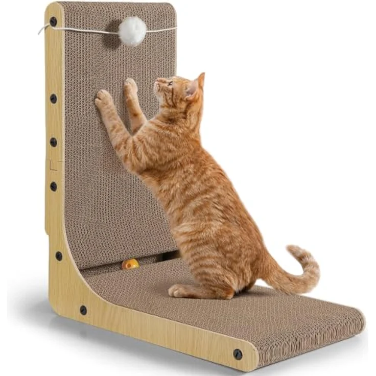 Gimars L-förmiges Katzenkratzbrett, 47cm hoch, vertikale Kratzpappe mit Spielball, langlebiges Katzenspielzeug zum Schutz von Möbeln, groß, neutralfarben – Bild 1