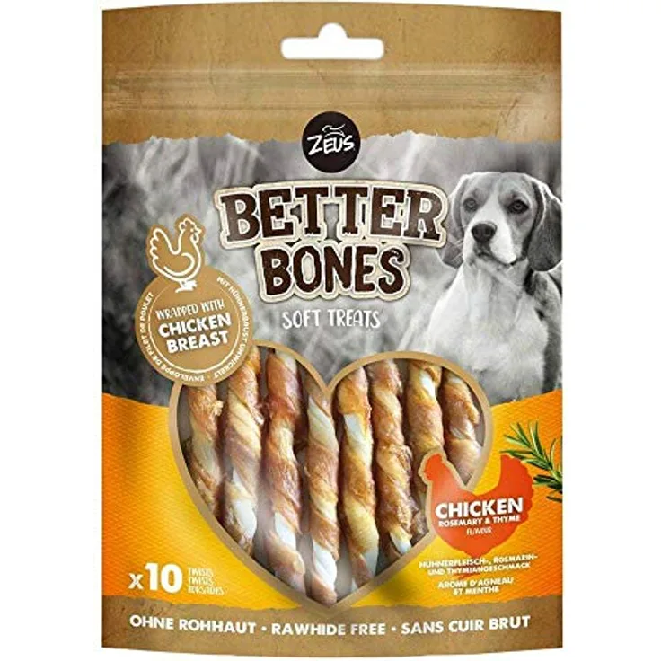 Zeus & Zoe BetterBones, gedrehte Kaustangen für Hunde, Hühnerfleisch-, Rosmarin- und Thymiangeschmack, 10 Stück, 114 g, ohne Rohhaut, gut verdaulich, für alle Lebensphasen