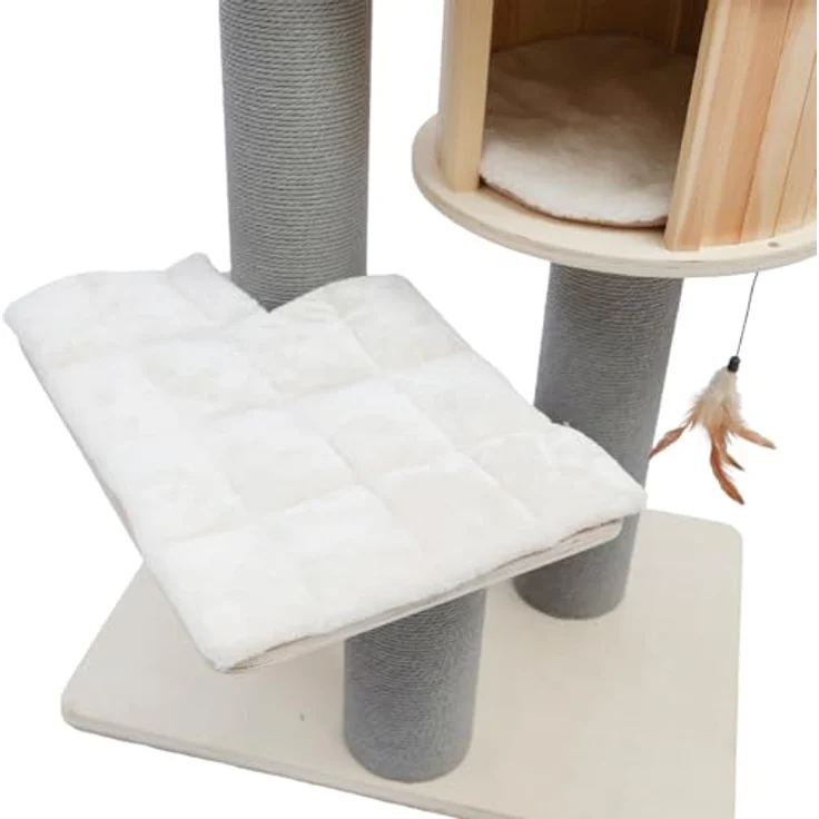 CanadianCat Company Kratzbaum Remy, beige, 130 cm hoch mit Holzhöhle und gepolsterten Liegeflächen – Bild 8